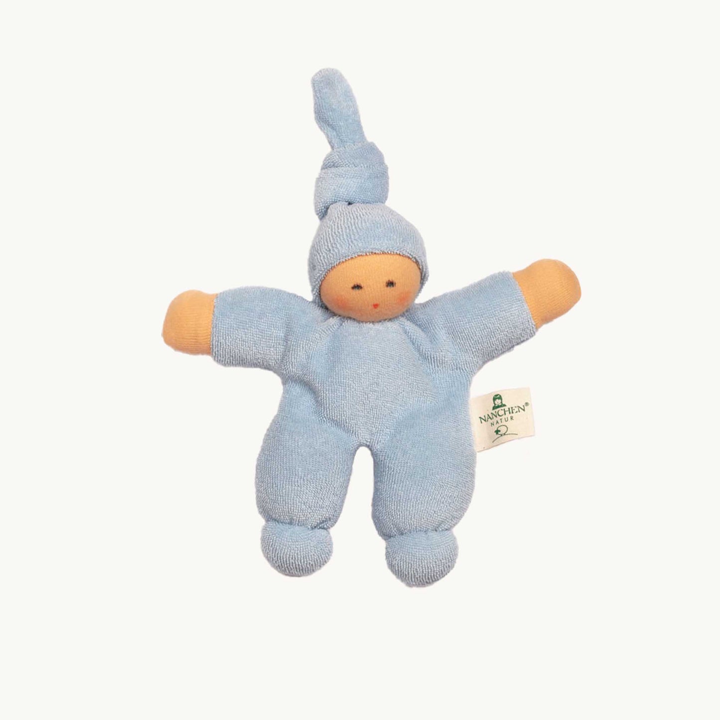 Håndlavet babydukke - Lyseblå, 17 cm